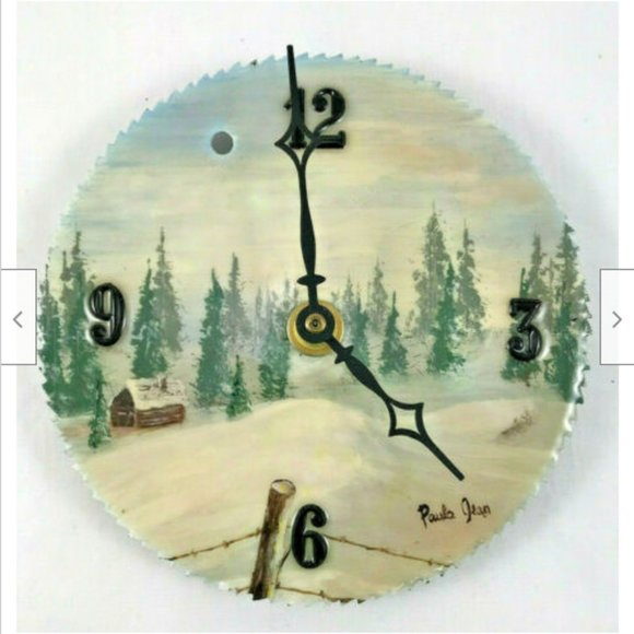 Handpainted Saw Blade Wall Clock Winter Cabin Rustic Cottage Scene Artist Signed - Picture 1 of 4